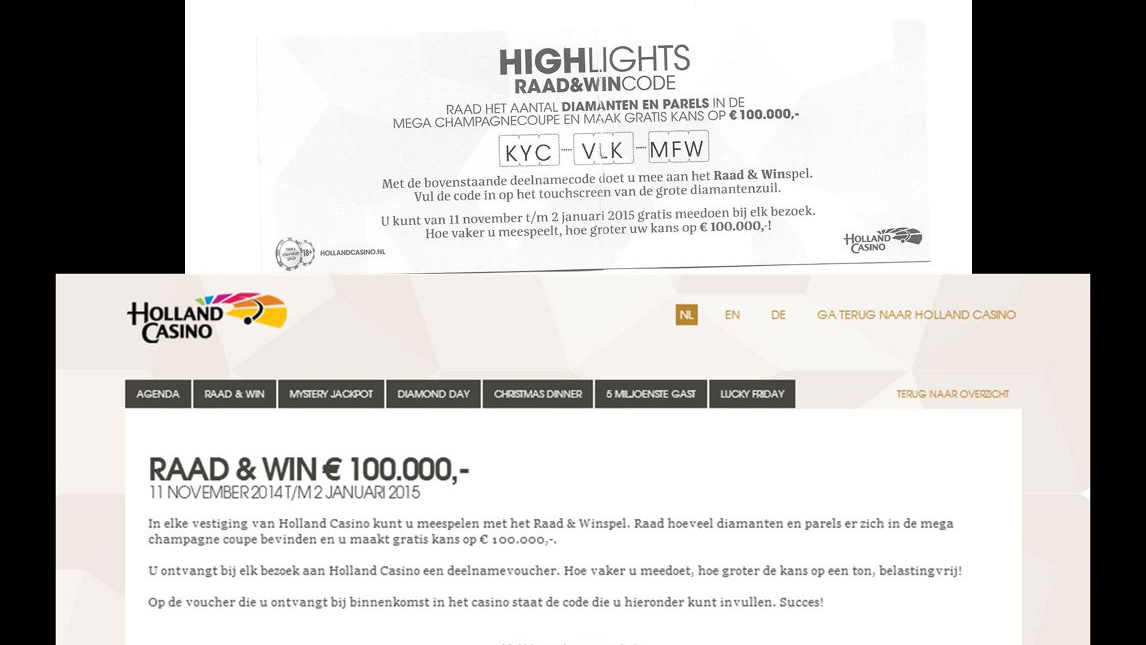 During the last weeks of 2013, 2014, and 2015, anybody who visited one of the casinos received a voucher with a login code. Via a terminal inside the casino and via the Internet, this code granted access to an estimation competition.