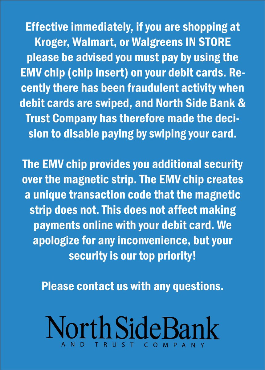 As you are shopping for Thanksgiving and the holidays, please make note of some changes to your debit cards in an effort to protect customer security: