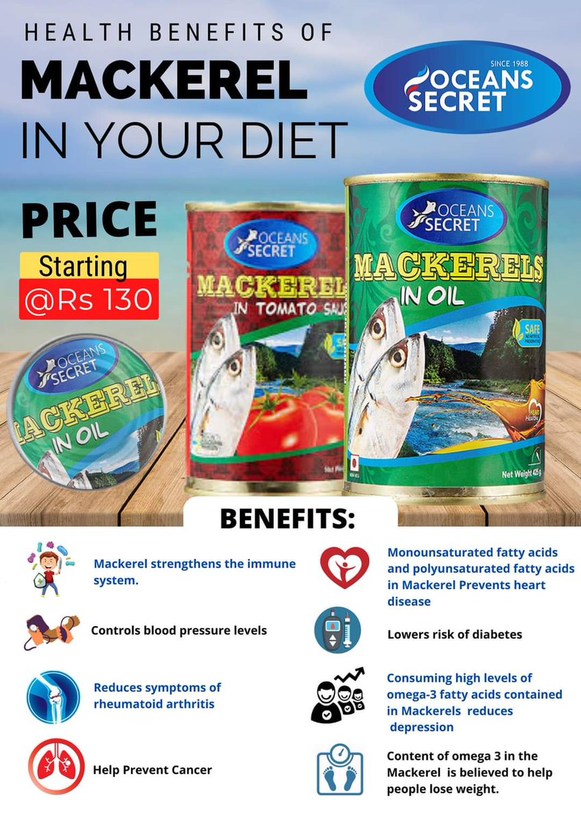 OceanssecretInd's tweet photo. Did you Know?Mackerel fish is rich in coenzyme Q10, antioxidants, and omega-3 fats. Coenzyme Q10 help get rid of cancerous agents attached to cells; antioxidants can help lower risks of cancer by eliminating free radicals. 
#seahath #healthydiet #health #foodie #foodporn #fish https://t.co/WtRJ423mn7