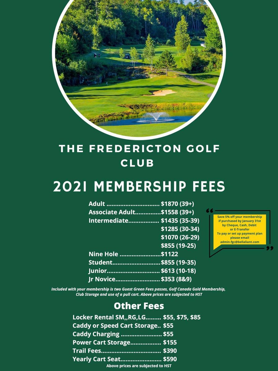 playfgc's tweet photo. Nestled conveniently in the heart of the city. The Fredericton Golf Club provides members a welcoming golf community, exceptional playing conditions and pace of play.
The FGC is excited to release our 2021 Membership Fees as we look to build off of a successful 2020 season. https://t.co/fyw6C0et6f