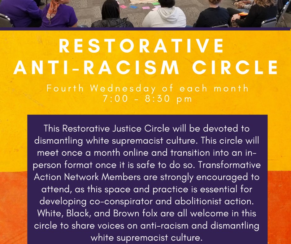DaneCoTimeBank's tweet photo. Join our Restorative Justice Circle this Wednesday at 7 PM sign up here
https://t.co/cc9pv8rYFx
This circle will cover dismantling white supremacist culture. 
Queer, Black, Indigenous, Brown, White, and Asian American folks are all welcome in this circle to share voices. https://t.co/0CogJBSt9T