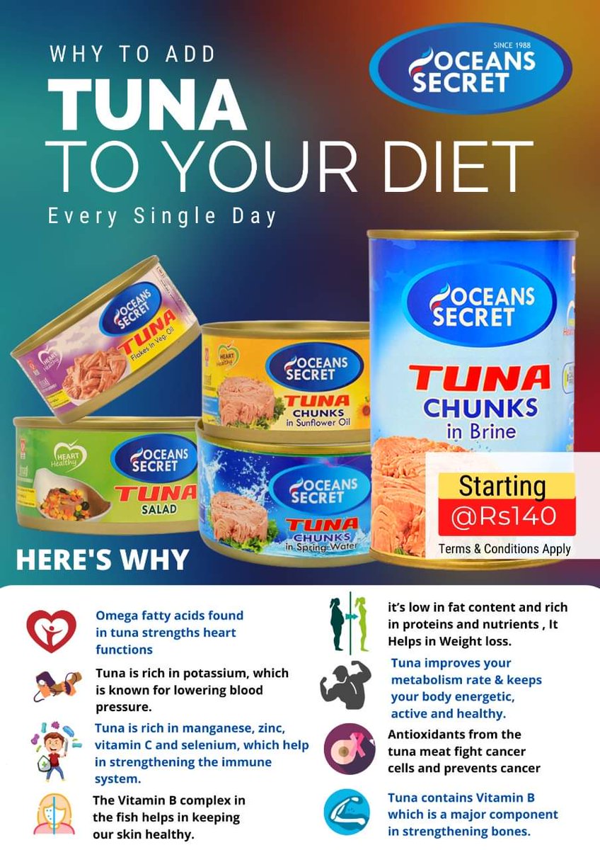 OceanssecretInd's tweet photo. Tuna has so many health benefits, we bet, you never knew.Check this out. Stock up Cans from https://t.co/rUR2FRewtc
#seahath #healthydiet #health #foodie #foodporn #fish #superfood #sardines #mackerel #chicken #protein #omega3 #dietplan #weightloss https://t.co/ta7mnZqYIr