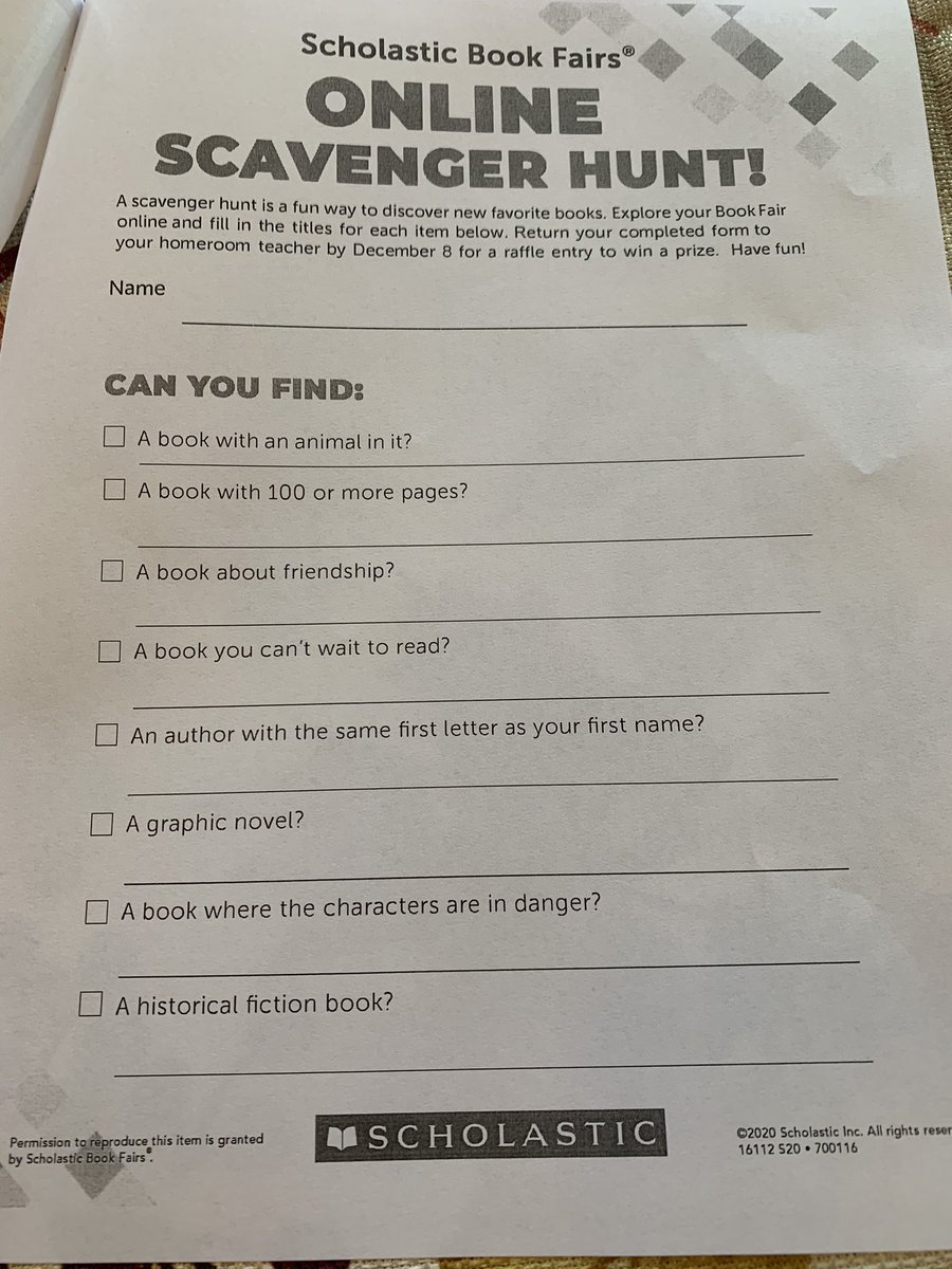It’s Book Fair time!  Complete the scavenger hunt and return it to school to be entered into a raffle for prizes!