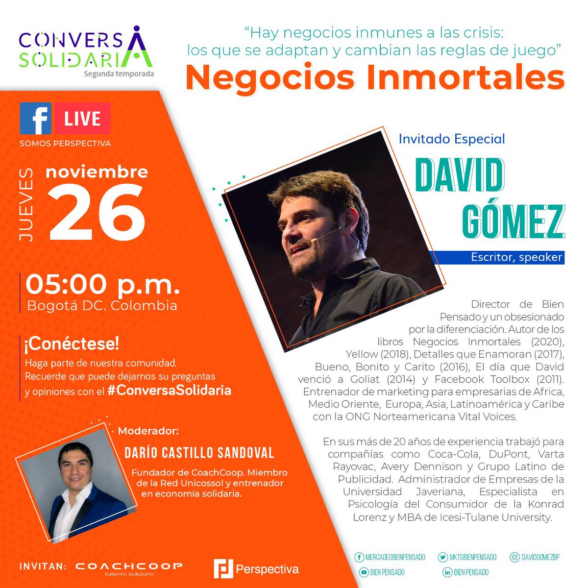 SoyPerspectiva's tweet photo. David Gómez es uno de los más reconocidos speakers en temas comerciales. Su enfoque conecta profundamente con sus audiencias a quienes sorprende con poderosos y divertidos mensajes. Te esperamos en una nueva #ConversaSolidaria Con nuestro invitado especial 🎉 https://t.co/YF1fMpxpOO