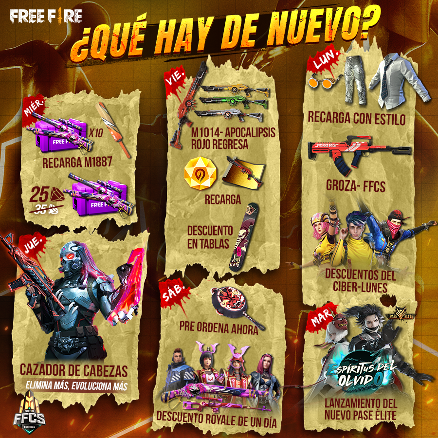 Free Fire Latam On Twitter Llego La Agenda Semanal Lanzamiento Del Nuevo Pase Elite Se Quedaron Con Ganas De Descuentos Aprovecha Los Descuentos Del Ciber Lunes Y
