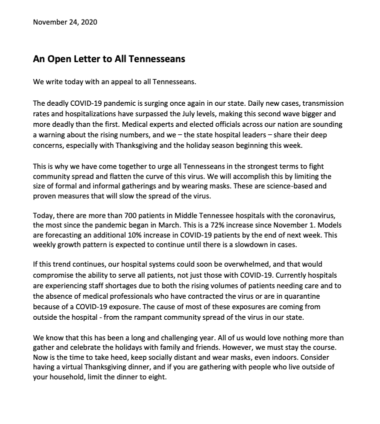 karahartnett's tweet photo. An open letter from the leaders of what appears to be every health system in Middle Tennessee:

"Medical experts and elected officials across our nation are sounding a warning about the rising numbers, and we – the state hospital leaders – share their deep concerns." https://t.co/JspxhKE1Ye