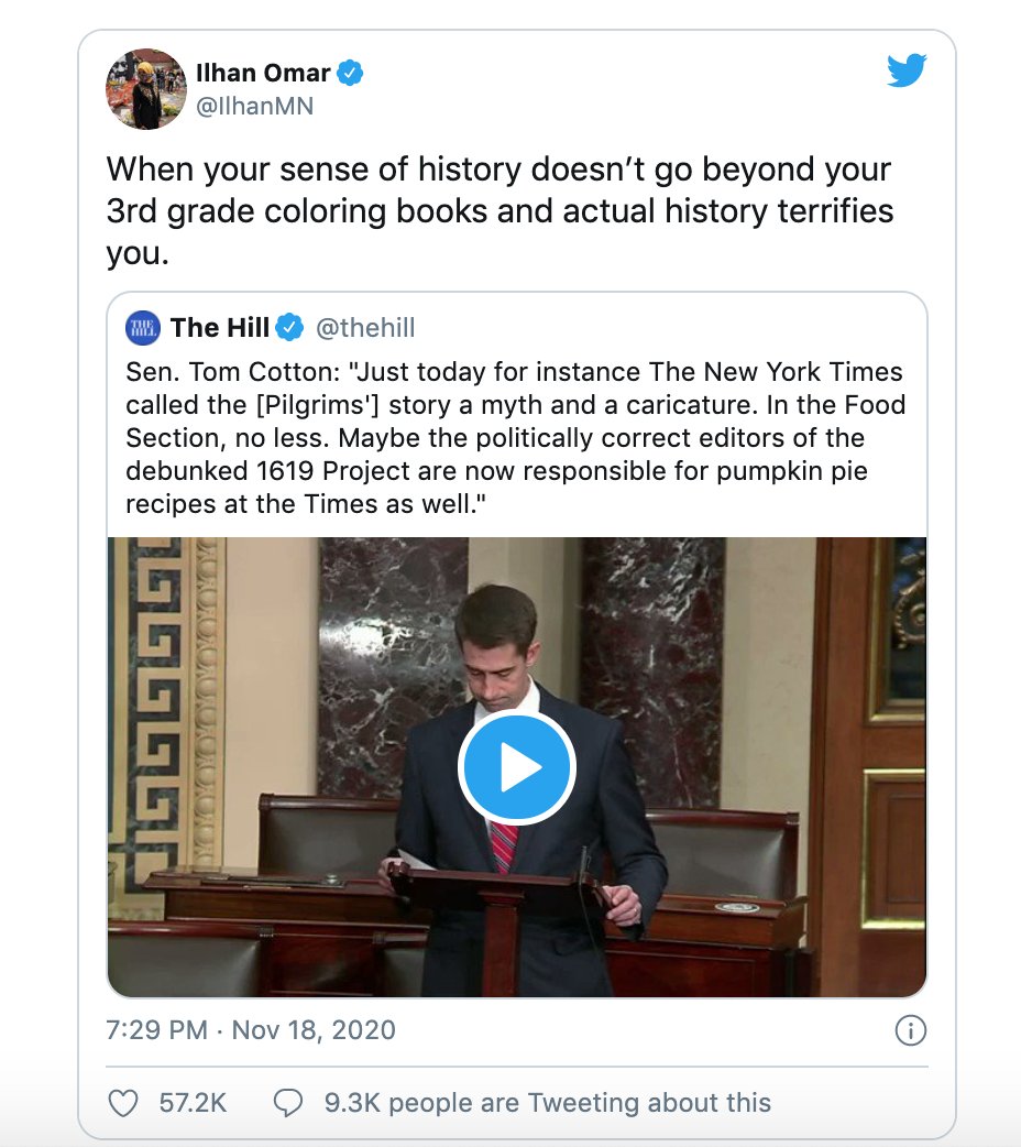 This year marks the 400th anniversary of the Pilgrims’ arrival in America.  @TomCottonAR delivered a fitting tribute to the Pilgrims and their story of faith and perseverance. Perhaps predictably, the speech was attacked by  @Ilhan...