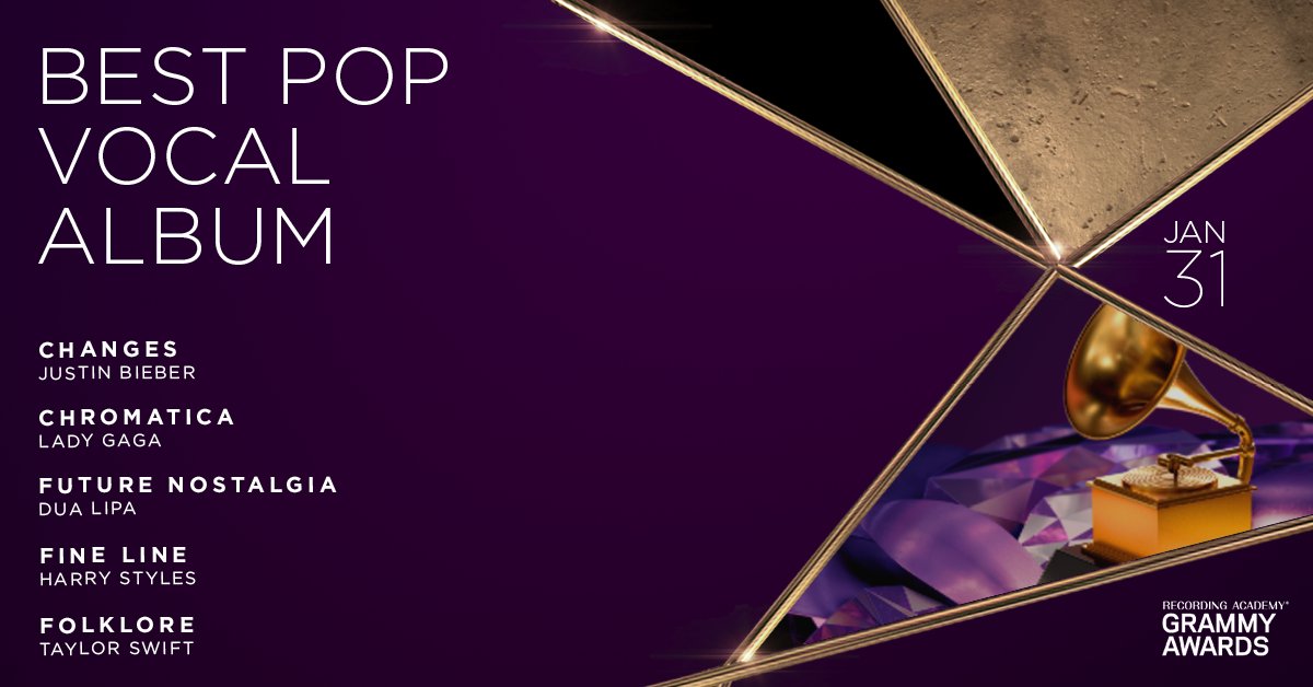 RecordingAcad's tweet photo. Congratulations 63rd #GRAMMYs Best Pop Vocal Album nominees: @justinbieber, @ladygaga, @DUALIPA, @Harry_Styles, and @taylorswift13: https://t.co/vmaSA9BCsf https://t.co/Y95a7VtZ6h