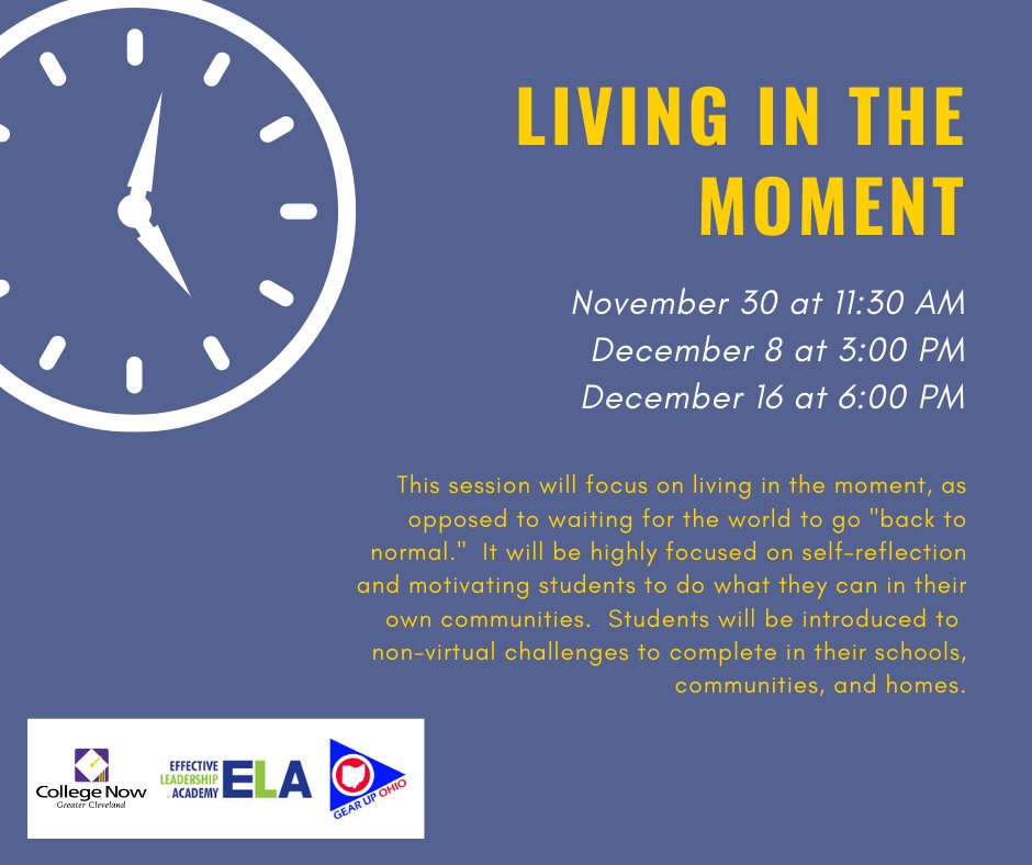 GearUp_Parma's tweet photo. Has 2020 worn you down? Not sure what direction you are heading? Join GEAR UP for Living in the Moment. In 30 minutes YOU will – stretch your brain, gain some skills to help you lower stress and anxiety, and have fun. This will be interactive!  Register at https://t.co/ydpdbF3OBe https://t.co/wpf5f3MCqm