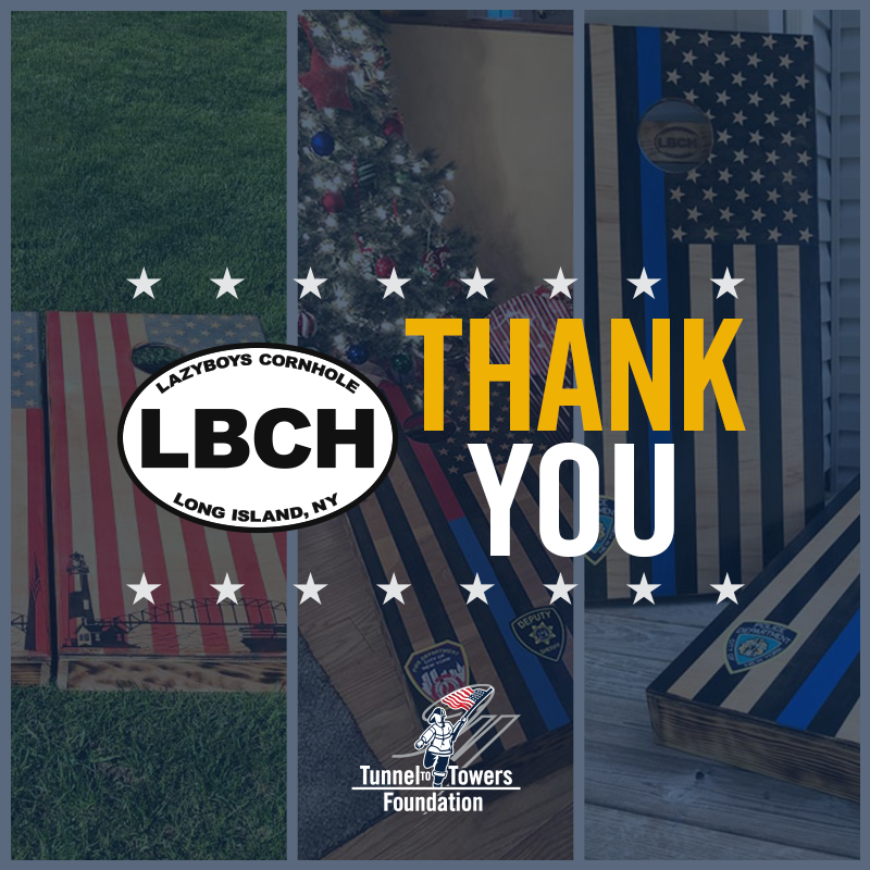 Small family-owned business #LazyboysCornhole built custom 9/11 tribute cornhole boards to raffle and raise funds for #Tunnel2Towers. Their team raised $3,400, 100% benefitting the Foundation. Thank you for your support! lazyboyscornhole.com