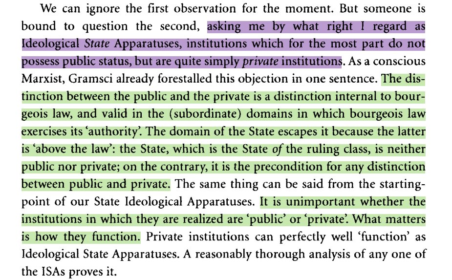 oh wow. the state is "the precondition for any distinction between public and private" & as such public/private distinction is itself a bourgeoisie distinction & marxists are better off analyzing institutions in terms of their function, not status in bourgeoisie law. the INSIGHT.