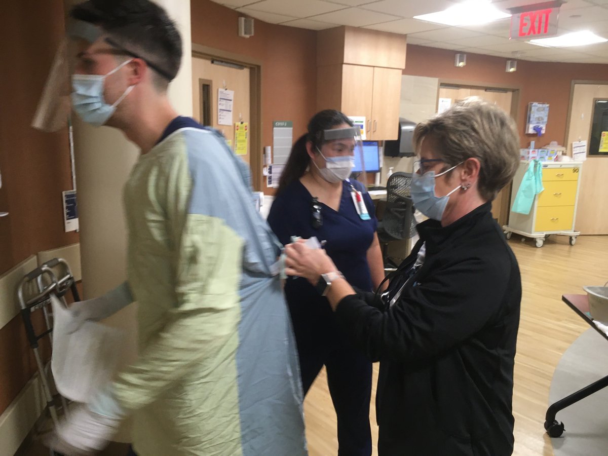 In 8-hour shift, with 4 patients, you might enter a room at least twice an hour. That’s 50 times a day “donning and doffing” protective equipment. Nurse Darian Haggedorn checks on patient. “This is a nursing disease,” says Boese. They are doing most of respiratory care.