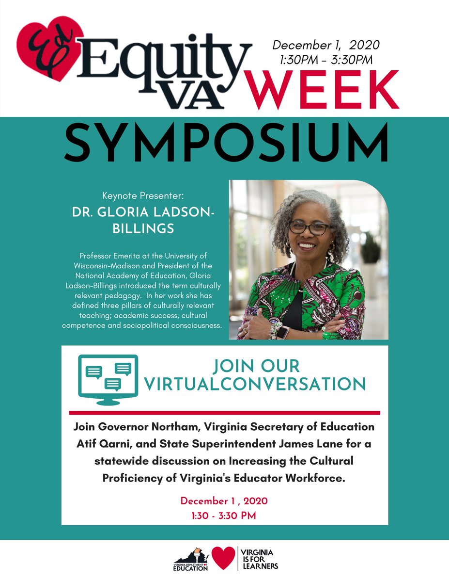 LeDWalk's tweet photo. There is still time to register for @VDOE_News @VAis4Learners #EdEquityVa Symposium on #CulturallyRelevantPedagogy w #GloriaLadsonBillings. Open to all #VAeducators Registration is free but required: https://t.co/LuwTqn66mi https://t.co/WkaXs8KG2o