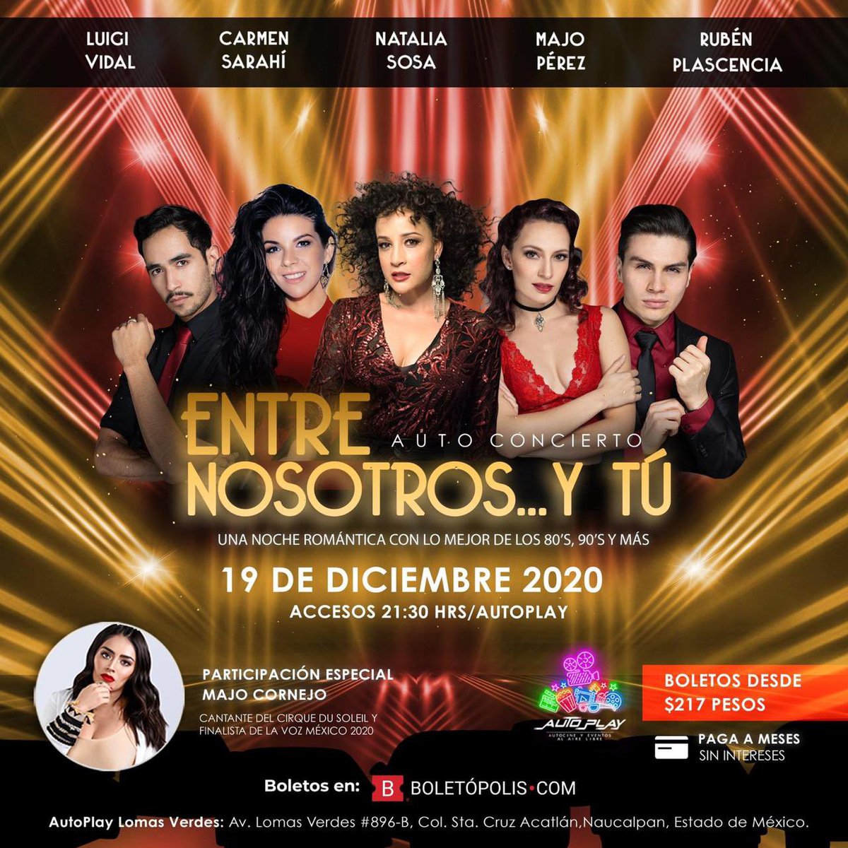 autoplayeventos's tweet photo. #AUTOCONCIERTO Entre nosotros... y tú. Una noche romántica. 

Con la participación de: @NataliaSosaDiva , @carmensarahimx , @LaPerezReyes , @rubenpla y @iluigividal . 

🔴Sábado 19 de Diciembre 2020🔴

Busca tus boletos aquí ⬇️⬇️
https://t.co/ylYS1JgV50 https://t.co/sGhlfU3WDb