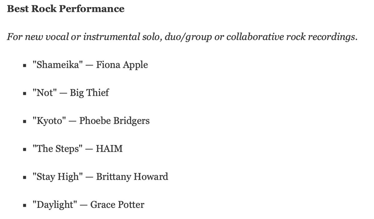 the grammys are whatever, but I'm here for the rock performance category. Shameikaa, Not, Kyoto, and The Steps are all stone cold bangers.