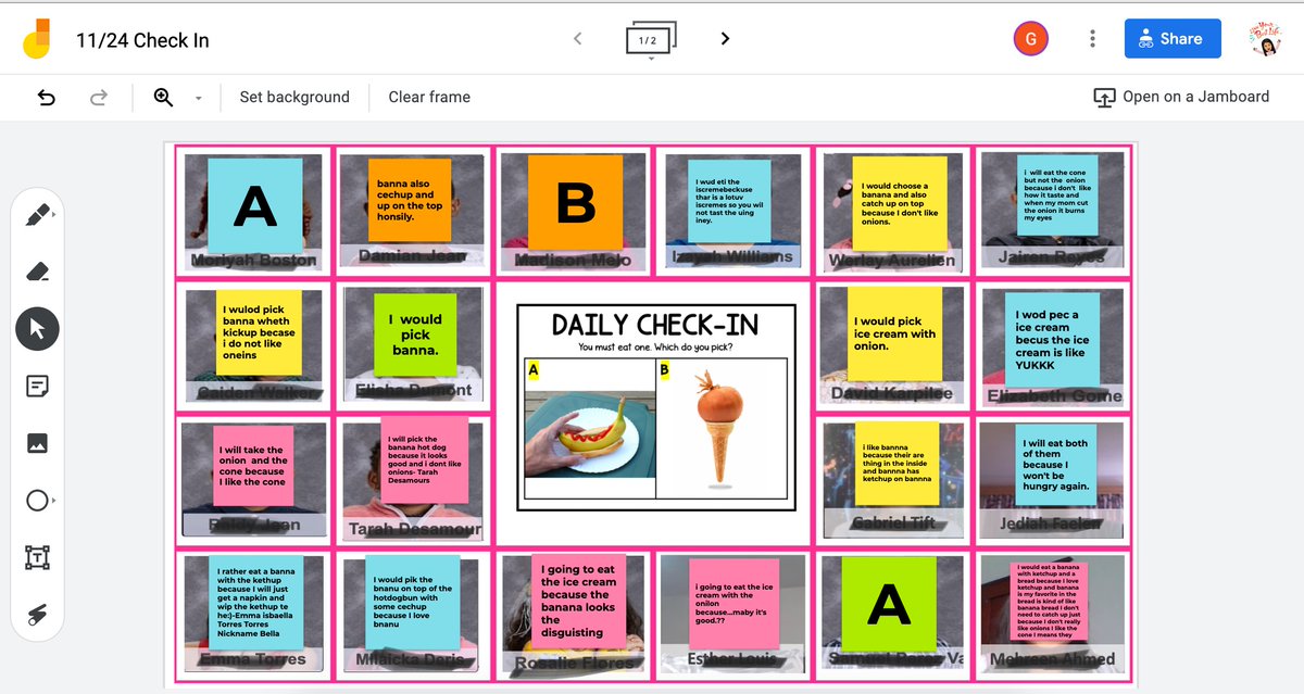Created this Jamboard organization system so students place their sticky note on top of their own picture. Message me for the template. <a href="/HTSD_Greenwood/">Greenwood Elementary School</a> <a href="/WeAreHTSD/">WeAreHTSD</a> <a href="/googlejamboard/">Google Jamboard</a> <a href="/GoogleForEdu/">Google for Education</a>