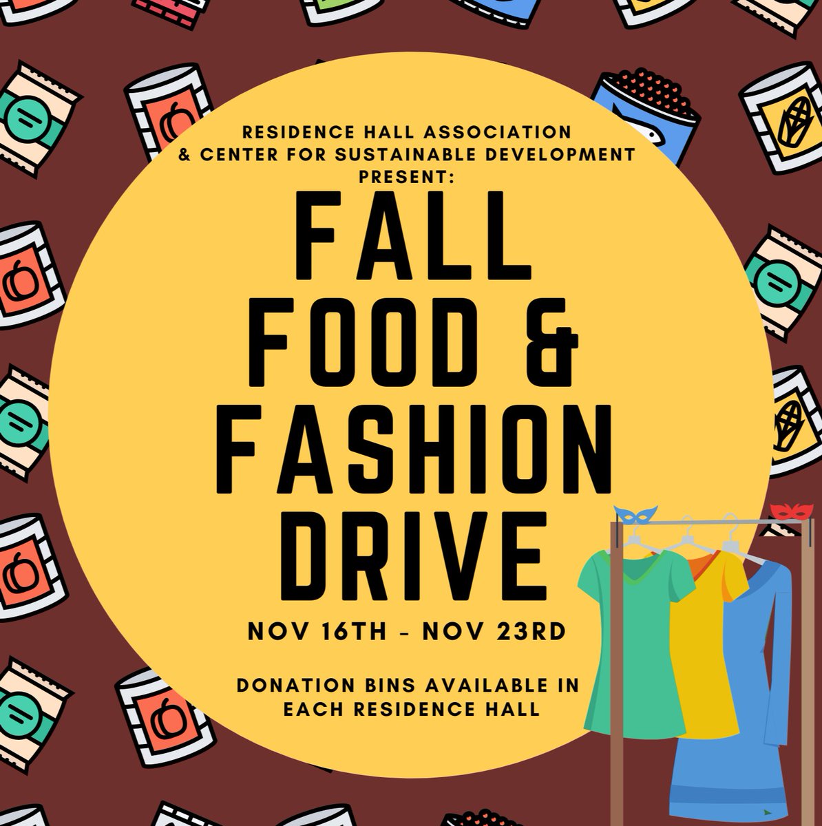 CofCRHA's tweet photo. Hey CofC residents! 
Don't forget about the Food &amp; Fashion Drive that is going on! 
You can find the bins located in your hall's lobby and items can be donated until the end of this week! 
Have a happy thanksgiving! https://t.co/chWQ8JBoJk