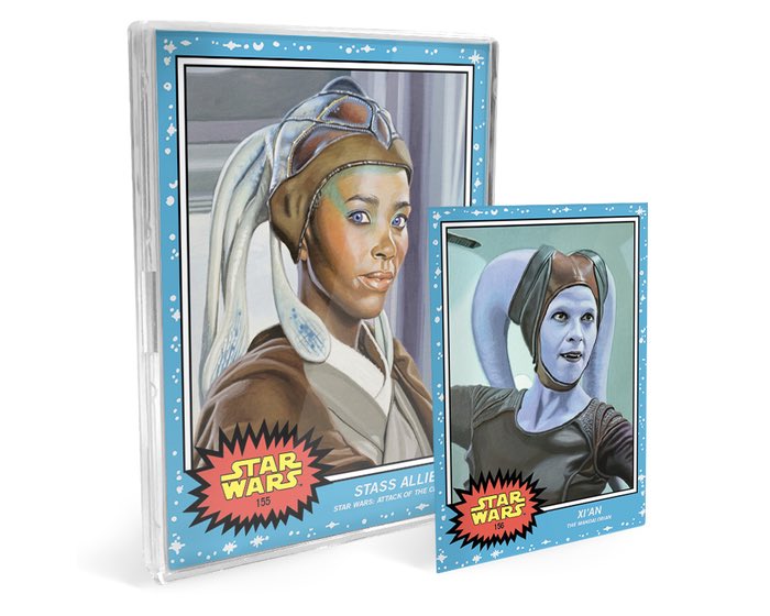 rebelbasecard's tweet photo. A very cool mix of Prequel & Mando cards for this week’s @topps #theLivingSet done so well by Kris Penix, aka @roguetrader58 - including a brilliant Stass Allie from #AttackOfTheClones & a great Xi’an from Season 1 of #TheMandalorian these are cards 155-156 & out now for one week https://t.co/nrgZRsesLM