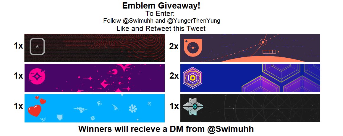 swimuhh's tweet photo. #Destiny2 8x Emblem Code Giveaway

To Enter:
- Follow @swimuhh &amp; @YungerThenYung 
  - Retweet and like this tweet

- Giveaway ends November 29th (5 Days From Now)
- I'll send each winner a DM https://t.co/Lktefyk31j