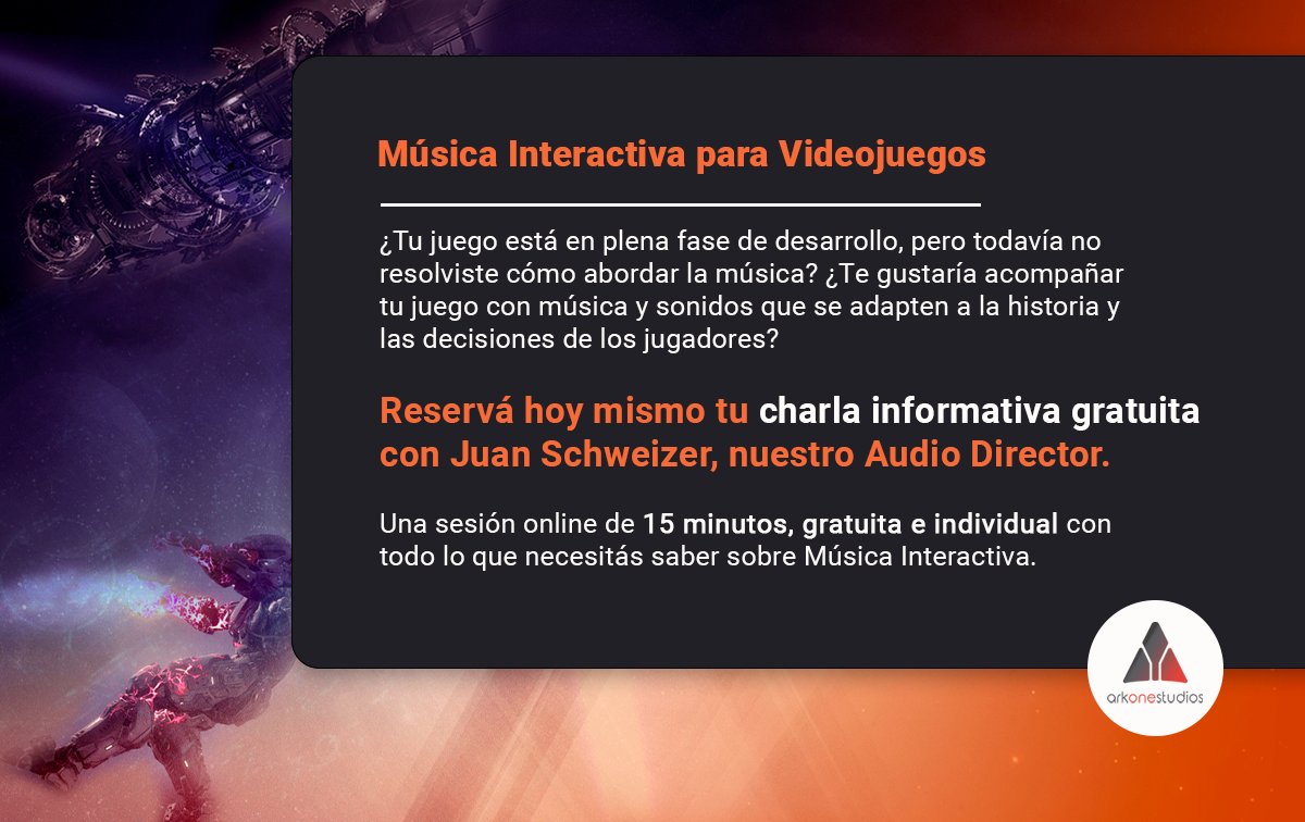 ArkOneStudios's tweet photo. ¡Todo lo que necesitás saber sobre #MúsicaInteractiva en una charla gratuita con nuestro Audio Director @juanSchweizer 🎧

Reservá tu sesión desde este link:
https://t.co/8LvEwWYORK

#ArkOneStudios #musicproduction #music #gamedev #vieogames #indiedev https://t.co/Y2f14FEFD9