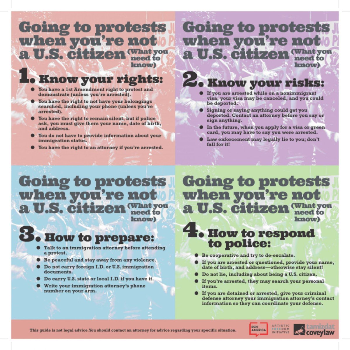 AtRiskArtists's tweet photo. Know your rights, risks, how to prepare, and how to respond to police. Read and share this crucial guide to #protesting as a non-U.S. #citizen: https://t.co/1lfb5jtOie #righttoassemble @tamizdatinc @PENamerica @CoveyLaw https://t.co/rJf195GwS9