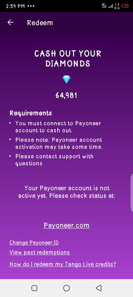 Lizzy89150463's tweet photo. @TangoMe I can't redeem my diamonds even after linking it with my payoneer https://t.co/mMhCHOPO5S