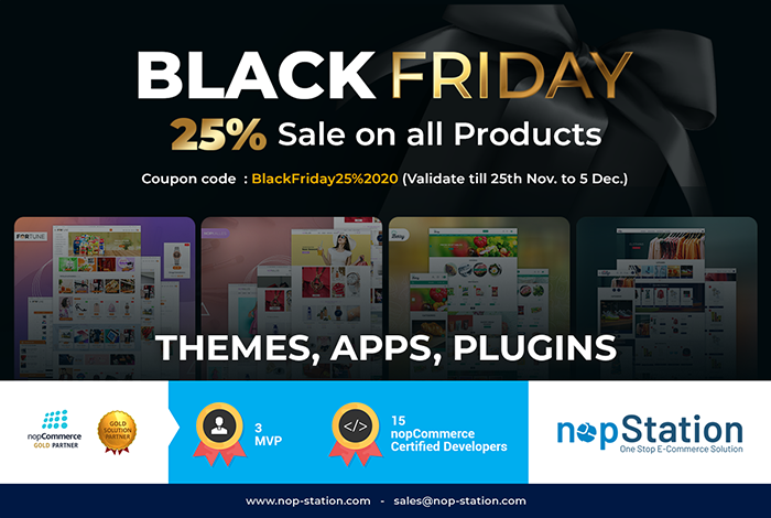 nopStation's tweet photo. Grab the biggest sale of the year for all the nopStation Themes, Plugins and Mobile App. Apply the coupon code: BlackFriday25%2020 and grab a flat 25% discount.
Visit our website: https://t.co/FViOFMPFtk
#blackfridaysale2020 #bestnopcommecetemplates #bestnopcommerceplugins https://t.co/yQqCXZSJ7a