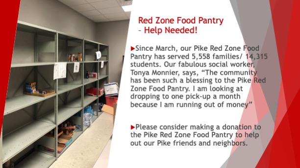 PikeEF's tweet photo. The Pike Red Zone Food Pantry desperately needs your help. They are considering dropping to only one pick-up a month because of lack of funds. Please go to https://t.co/jobLfZEyF7 to donate. (the form on the front page goes directly to the food pantry) #PikeProud https://t.co/DRgKqEJVmM