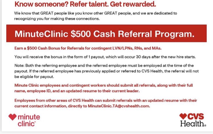 Brian Bache (@cvsbrian) on Twitter photo <a href="/MinuteClinic/">MinuteClinic</a> is hiring LVNs & RNs to join their team. <a href="/CVSHealth/">CVS Health</a> employees can earn a $500 referral bonus! Instructions below 👇🏻 <a href="/MeghannMccain/">Meghann McCain</a> <a href="/ChesneyTodd/">Todd in Greenville SC</a> <a href="/AmberNolanCVS/">Amber Nolan</a> <a href="/JulianPinheiro6/">Julian Pinheiro</a> <a href="/VerdisTanya/">Tanya Verdis</a> <a href="/CESchiltzIII/">C. E. Schiltz III</a> <a href="/c_kimballcvs/">Christina Kimball</a> @devon_cvs @RaceLandCVS <a href="/RSeedhom/">Rani Seedhom</a> <a href="/NadeenDahir/">Nadeen Dahir</a> <a href="/MinuteClinic/">MinuteClinic</a> is hiring LVNs & RNs to join their team. <a href="/CVSHealth/">CVS Health</a> employees can earn a $500 referral bonus! Instructions below 👇🏻 <a href="/MeghannMccain/">Meghann McCain</a> <a href="/ChesneyTodd/">Todd in Greenville SC</a> <a href="/AmberNolanCVS/">Amber Nolan</a> <a href="/JulianPinheiro6/">Julian Pinheiro</a> <a href="/VerdisTanya/">Tanya Verdis</a> <a href="/CESchiltzIII/">C. E. Schiltz III</a> <a href="/c_kimballcvs/">Christina Kimball</a> @devon_cvs @RaceLandCVS <a href="/RSeedhom/">Rani Seedhom</a> <a href="/NadeenDahir/">Nadeen Dahir</a>