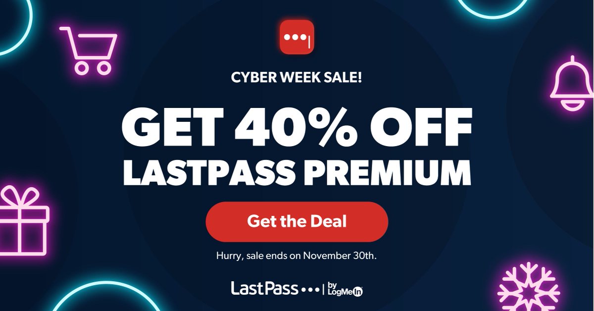 MDubie's tweet photo. Our #LastPass #CyberWeek Sale begins today! Get a head start on your holiday shopping with 40% off a year of LastPass Premium – now through November 30. Details here: https://t.co/aijOMYvg6X https://t.co/XtUlQLfyre