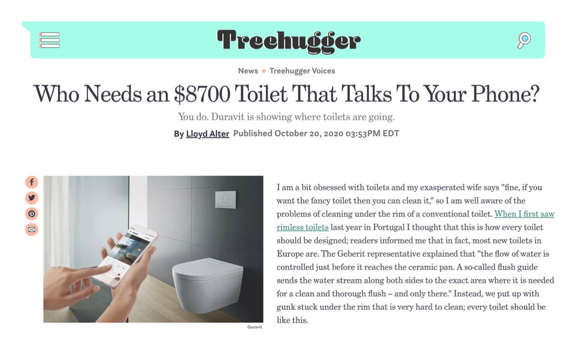 Duravit's tweet photo. Thank you @Treehugger for the wonderful article on SensoWash® Starck f. If you didn't think you needed a shower-toilet in your life, reading this article will change your mind! https://t.co/x8ykciqwmp #duravit #showertoilet #hygiene #sensowash #philippestarck https://t.co/MEfjhoBgZ6