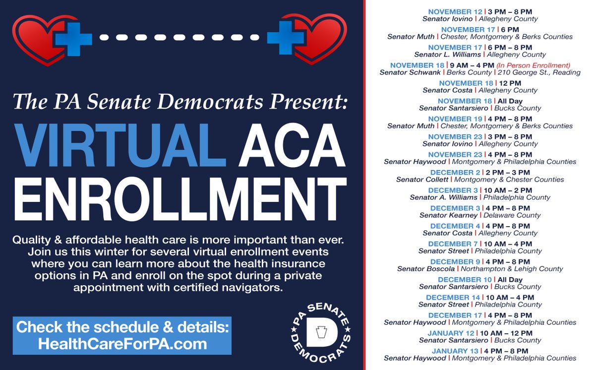 PaSenateDems's tweet photo. All of our Virtual ACA Enrollment Tour dates, locations, services and more are all available at https://t.co/P2qlOZlCGr. 

Be sure to check out the website for everything your need to know about signing up for ACA health insurance at one of our upcoming tour stops. https://t.co/wJzPbpFmWe