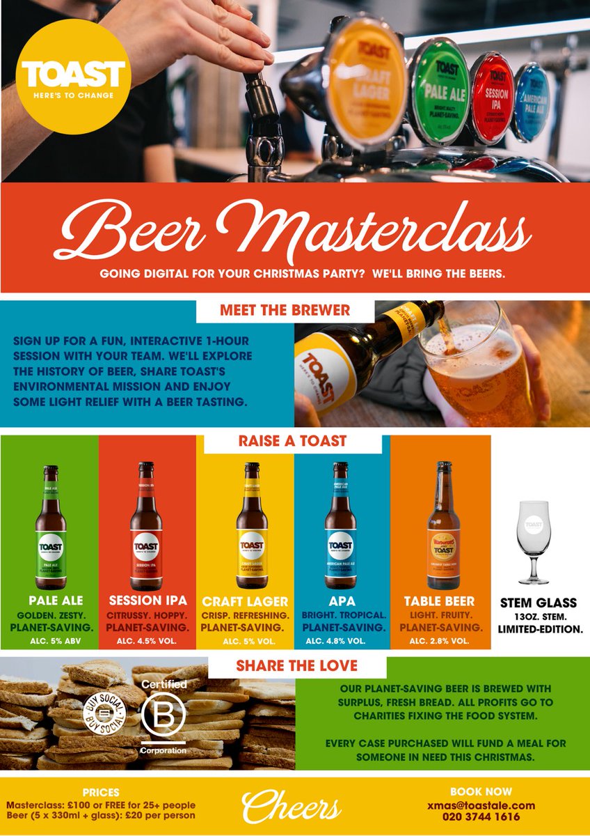 ToastAle's tweet photo. Go digital for your Christmas🎄 party this year & sign up to our FREE* #BeerMasterclass!
We’ll send each party-goer a gift 🎁 box of 5 different Toast beers 🍻 & glass.
Email at: xmas@toastale.com
*Masterclass £100 or free for 25+ people (£20/head)
#tuesdaymotivations #CraftBeer https://t.co/O0Ze1iOmGX