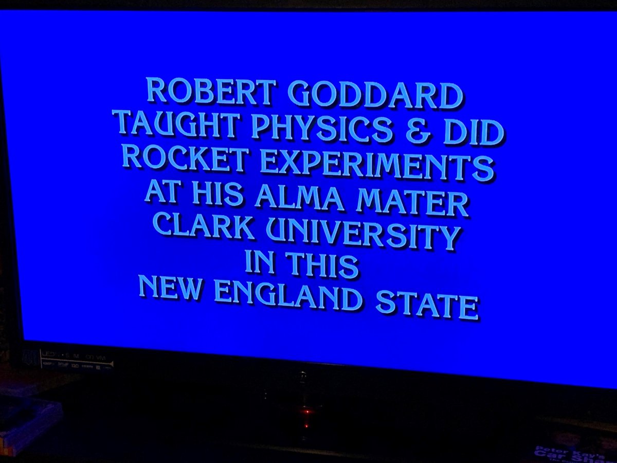 ClarkUniversity's tweet photo. Clark University made an appearance on @Jeopardy last night with this question that stumped contestants.

#ClarkU #Goddard #Massachusetts #Jeopardy https://t.co/C6eqcIdrW2