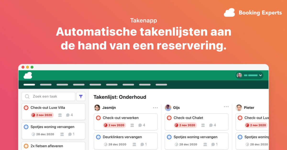 Door gebruik te maken van de takenapp, die al standaard in Booking Experts zit, kun je ervoor zorgen dat alle taken rondom reserveringen automatisch in de takenlijst van de betreffende uitvoerder terecht komt. Hier heb je dus geen omkijken meer naar. 😌