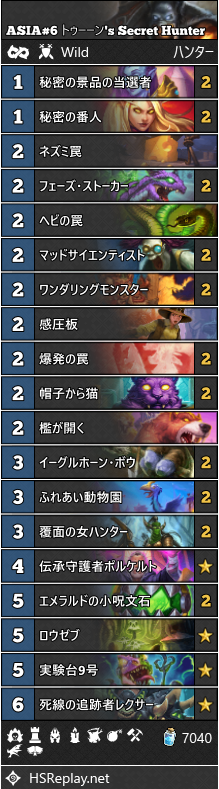 HS_WildDecks's tweet photo. ASIA#6 トゥーーン（@toxuuuuuun689）'s Secret Hunter
↓DECKCODE↓
https://t.co/42mvJGzrPf
新カード「秘密の景品の当選者」「檻が開く」「ふれあい動物園」を採用。 「檻が開く」の発動条件が限定的なため、「ふれあい動物園」に繋がりやすい。 https://t.co/LK6WoC5SWf