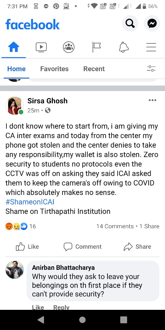 Hi <a href="/theicaibos/">The ICAI BOS</a> <a href="/theicai/">Institute of Chartered Accountants of India - ICAI</a> please look into this. This is serious! First there were health concerns now things are getting stolen!
#icaiexamspostponment #ICAI_DENIES_SAFTEY #ICAI_DENIES_JUSTICE #caexamspostpone 
<a href="/CACSCMARajat/">Rajat Jain</a> <a href="/ajain_aca/">CA Amit Jain</a> <a href="/caamresh/">Amresh Vashisht</a> <a href="/RajeshSharmaBJP/">CA. Rajesh Sharma</a> <a href="/AniketTalati/">Aniket Talati</a>