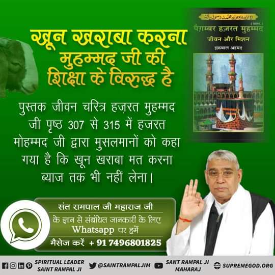 #Allah_Prohibits_EatingMeat
रब की रूह मत मारो
काजी कलमा पढ़तहै यानिपशु-पक्षी को मारता है फिर पवित्र पुस्तक कुरान को पढ़ताहै संत गरीबदास जी बतारहे हैं कि कबीर परमात्माने कहा कि इस (जुल्म) अपराध से दोनों जिहांन बूडे़ंगे यानि पृथ्वीलोक पर भी कर्म का कष्ट आएगा।ऊपर नरक में डाले जाओगे।
