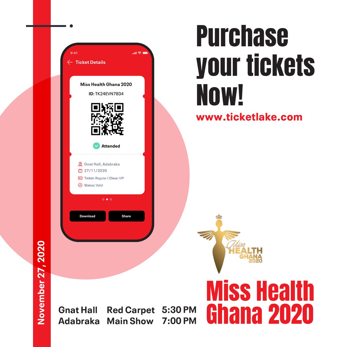 The wait is almost over! Hurry up and buy your tickets now from ticketlake.com or download our app! Buying tickets has never been this easy!
#Ticketlake #Covenience #BuyTicketsNow #missghanaofficial #missghanafoundation #missghana2020  #exclusiveevents #missghanasupports