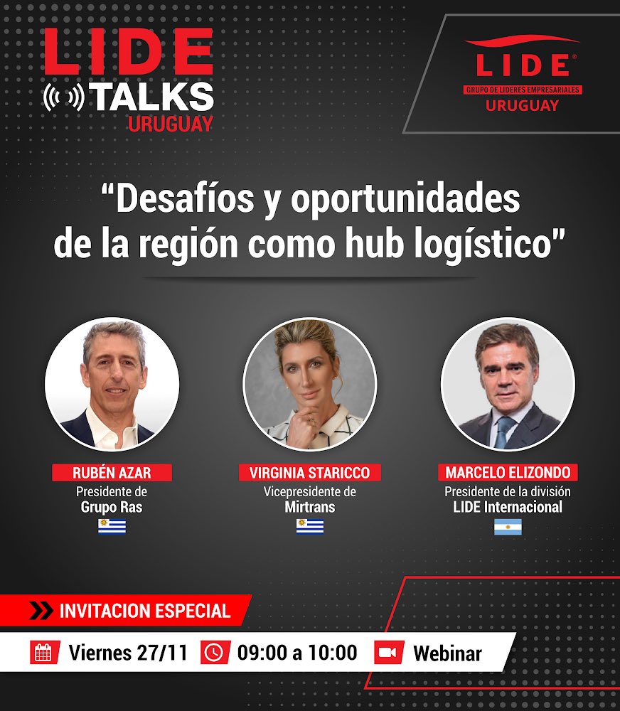 HRCconsultora's tweet photo. 📌 LIDE Talks
▶️ Desafíos y oportunidades de la región como hub logístico.
📅 Fecha: Viernes 27 de Noviembre
⏰ Hora: 9:00 a 10:00
🔗 Inscribite acá 👉 https://t.co/Suij5TVdQJ
¡Los esperamos!
#LIDETalks #Uruguay #Desafios #Oportunidades https://t.co/NgWh5xD2zp