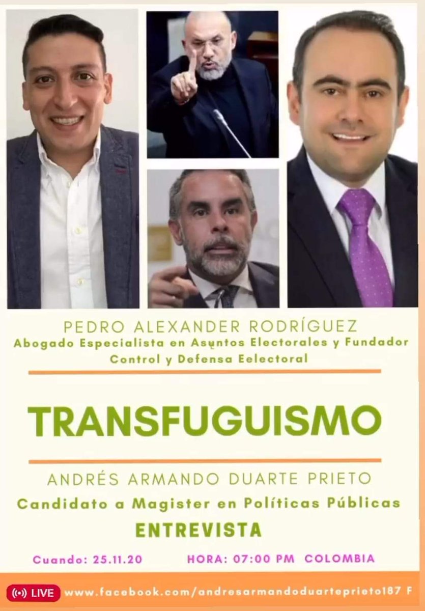 pazpoliticacol's tweet photo. Te esperamos este miércoles 25 de noviembre de 2020 a las 7:00 pm en nuestro Facebook Live para que hablemos de "Transfuguismo" caso @RoyBarreras y @ArmandoBenedetti 

Panelista: Dr. PEDRO ALEXANDER RODRIGUEZ MATALLANA.

Moderador: ANDRÉS ARMANDO DUARTE. https://t.co/x1w1KHCXfe