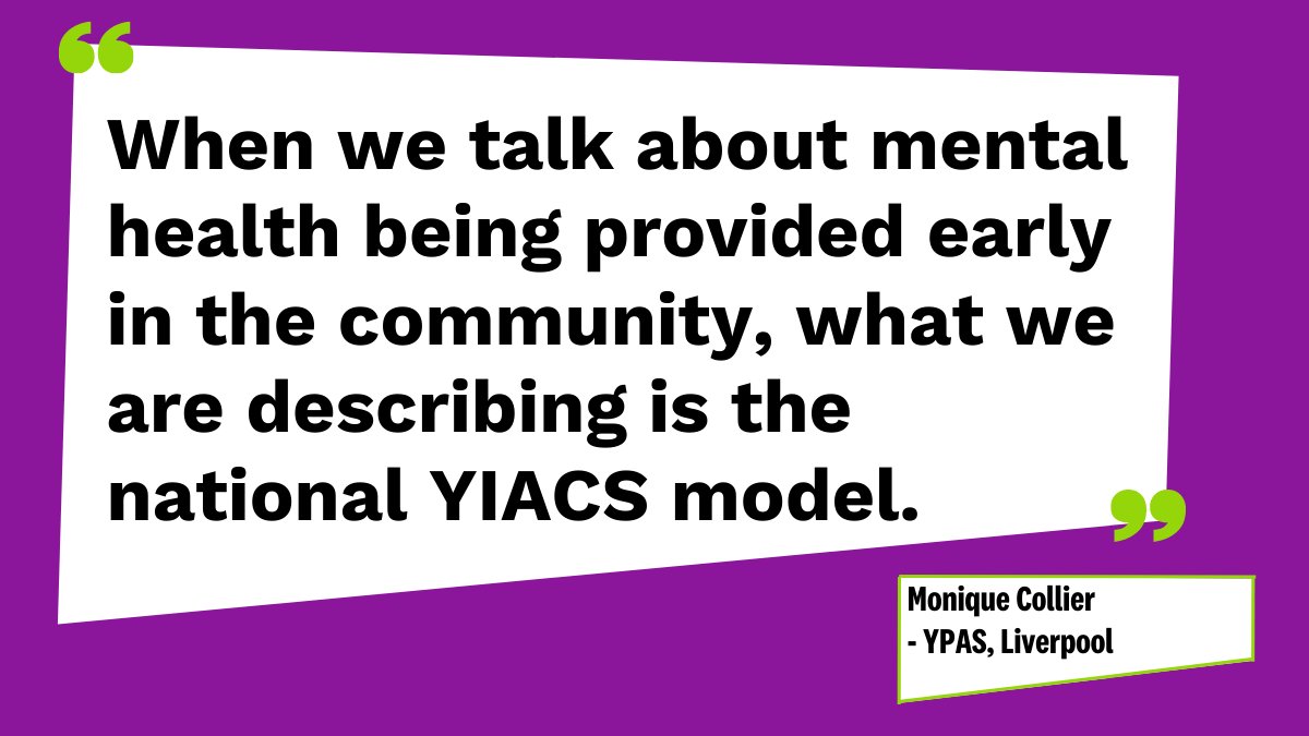 Next up is  @moncoll, CEO of Youth Access member  @YPASLiverpool.Monique is talking about the unique approach to young people's mental health support that has been adopted in Liverpool, and how it relates to our  #YIACS model.