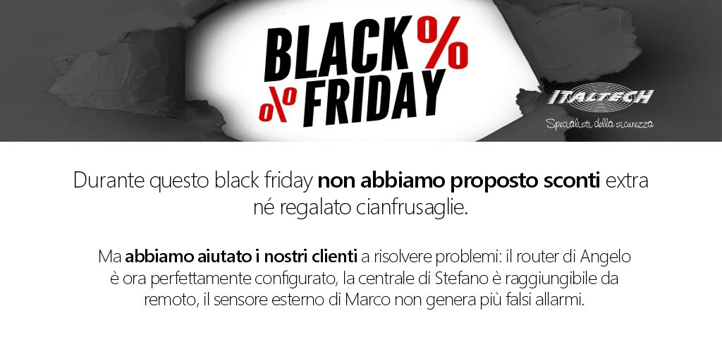 italtech1's tweet photo. Durante il black friday non abbiamo proposto sconti extra, nè regalato cianfrusaglie.⁣
Però, abbiamo aiutato i nostri clienti a risolvere problemi: il router di Angelo è configurato, la centrale di Stefano è raggiungibile da remoto, il sensore di Marco non genera falsi allarmi. https://t.co/JP9cktxKOB