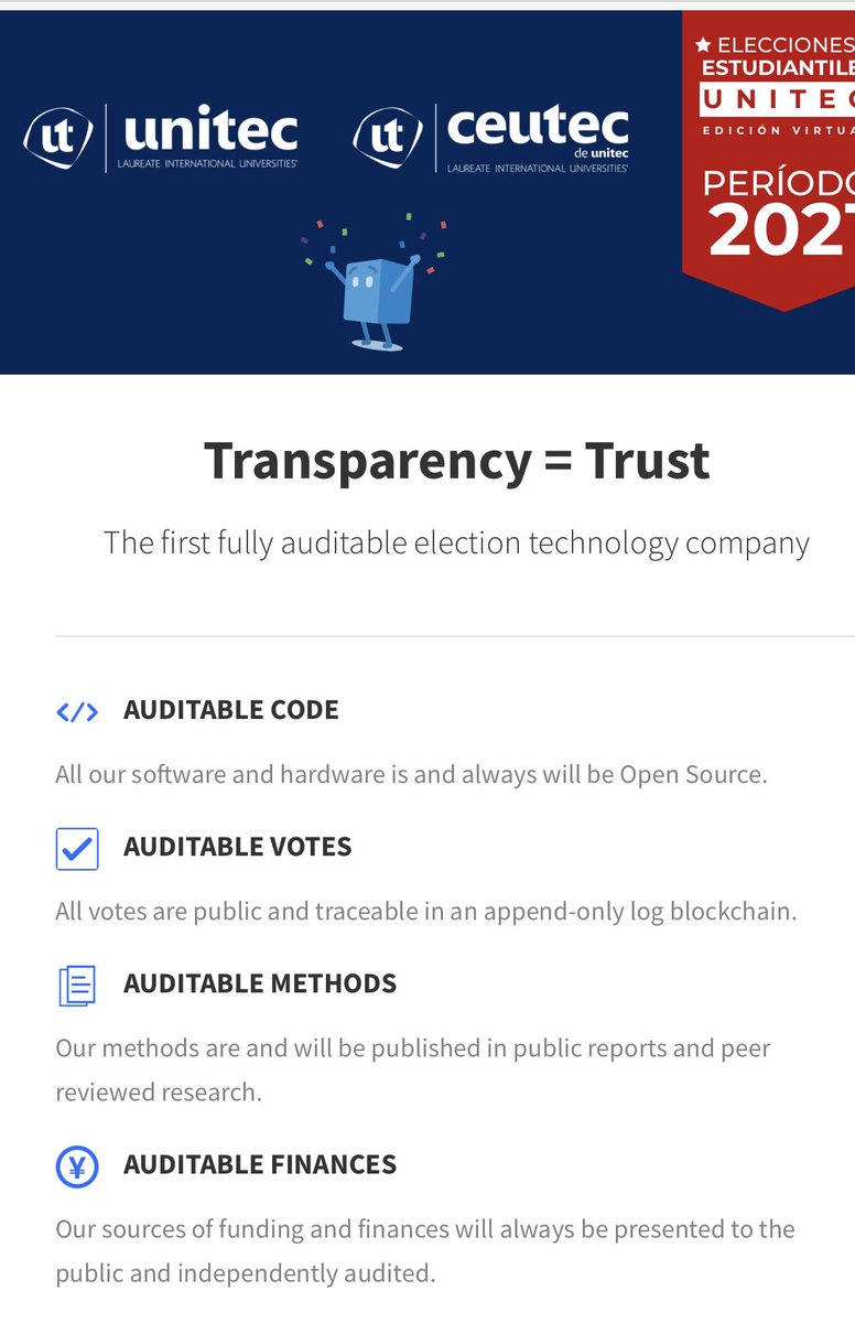 Esta semana se están celebrando las elecciones de 64 asociaciones estudiantiles en UNITEC TGU y SPS y en CEUTEC TGU y LCE, con votaciones electrónicas y transparentes, usando tecnología Blockchain, por medio de la app <a href="/BallottedVote/">Ballotted</a> de <a href="/hello_iconic/">Hello Iconic</a>.