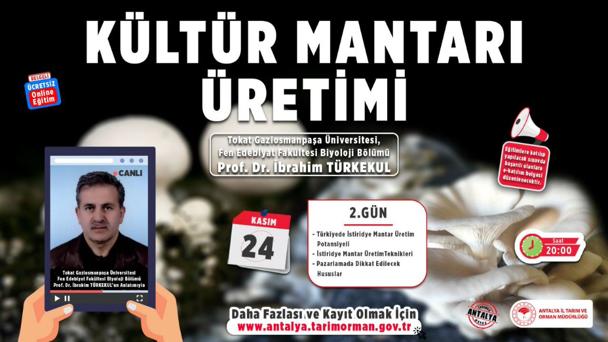 Antalya İl Tarım ve Orman Müdürlüğü (@antalyailtarim) on Twitter photo Kültür Mantarı Üretimi-2
<a href="/toguresmi/">Tokat Gaziosmanpaşa Üniversitesi</a> Öğretim Üyesi
Prof.Dr.İbrahim TÜRKEKUL'la 2. ders
Türkiye'de #İstiridye Mantarı Üretim Potansiyeli ve Üretim Teknikleri, Pazarlama Teknikleri
#GıdanıKoru
<a href="/gokhankaraca_/">Gökhan Karaca</a> <a href="/ersinyazici1/">Ersin YAZICI</a> <a href="/bekirpakdemirli/">Dr. Bekir Pakdemirli</a>
🗓 24.11.2020
🕙 20:00
📍Zoom&YouTube Kültür Mantarı Üretimi-2
<a href="/toguresmi/">Tokat Gaziosmanpaşa Üniversitesi</a> Öğretim Üyesi
Prof.Dr.İbrahim TÜRKEKUL'la 2. ders
Türkiye'de #İstiridye Mantarı Üretim Potansiyeli ve Üretim Teknikleri, Pazarlama Teknikleri
#GıdanıKoru
<a href="/gokhankaraca_/">Gökhan Karaca</a> <a href="/ersinyazici1/">Ersin YAZICI</a> <a href="/bekirpakdemirli/">Dr. Bekir Pakdemirli</a>
🗓 24.11.2020
🕙 20:00
📍Zoom&YouTube