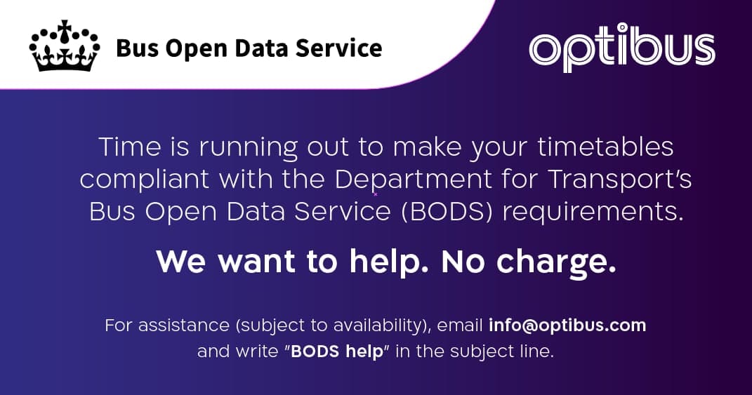 Optibus's tweet photo. Calling all #UK operators! 
If you need help complying with the Dept for Transport's #BusOpenData requirements for your timetables, get in touch by Dec. 31 at info@optibus.com. Put "BODS help" in the subject line.
#publictransport @transportgovuk @busopendata https://t.co/vhBhdg46WE