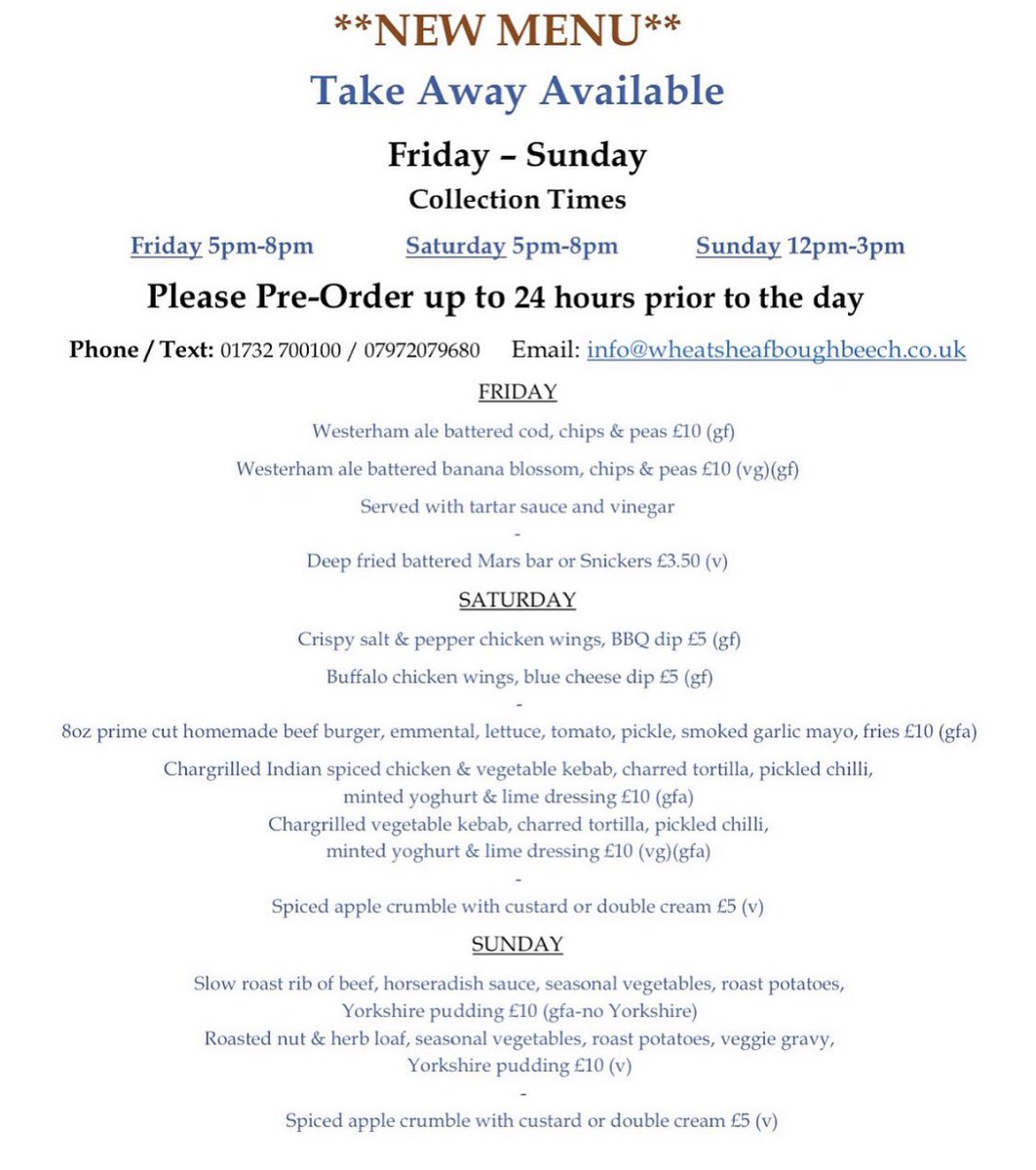 WheatsheafBeech's tweet photo. Thank you for your support over this second lockdown, we can’t wait to welcome you all back into our pub restaurant next week! 

Here is our takeaway menu for this weekend. Please pre order up to 24 hours prior to the day. 

#wheatsheafboughbeech #boughbeech #edenbridge #pub https://t.co/38re6t6m1Z