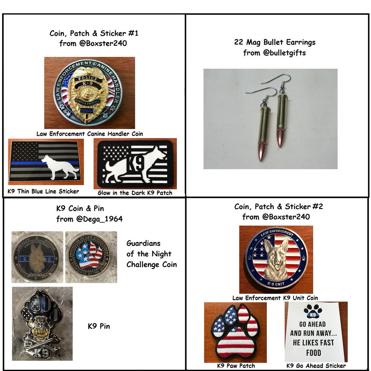 catmom_kathy's tweet image. Here is a sneak peak at the next set of prizes for our upcoming @PawsAlive fundraiser starting this Friday, stay tuned, more to come

Thank you for donating such amazing prizes

💙@Dega_1964 
💙@Boxster240 
💙@bulletgifts 

#K9ArmyStrong #K9 #BluePawsMatter #TuesdayMotivations