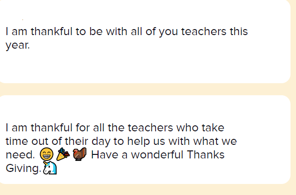 MissCorbeil's tweet photo. Thank you @clever for making my day! Here are some of my student's responses to the sentence starter: I am thankful for... @pmsriders I love their sense of humor 😂 https://t.co/hd7vbe03wv