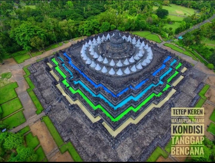 Borobudur tanggap bencana.

Setiap stupa ditutupi platik agar abu Merapi tidak masuk, yang hijo/biru/kuning itu terpal plastik di lantai candi, agar abu tidak masuk di sela-sela batu lantai candi.